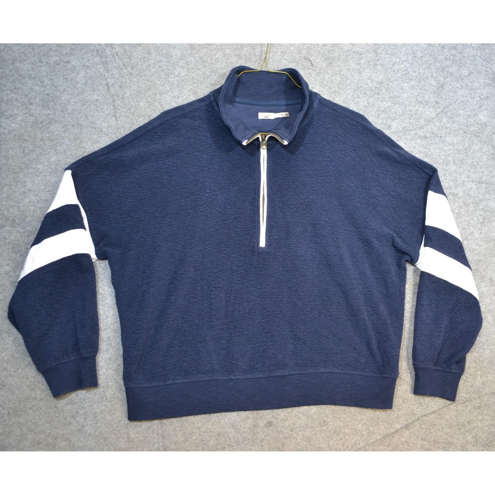 Faherty Sweatshirt Womens 2XL Blue Beach Fleece 1/4 Zip Pullover Striped Sleeves